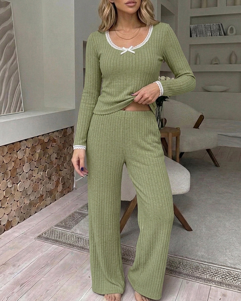 Women's 2 Piece Ribbed Lounge Sets Lace Trim Long Sleeve Top and High Waisted Pants Pajamas Sets with Pockets