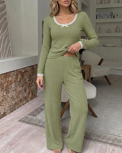 Women's 2 Piece Ribbed Lounge Sets Lace Trim Long Sleeve Top and High Waisted Pants Pajamas Sets with Pockets