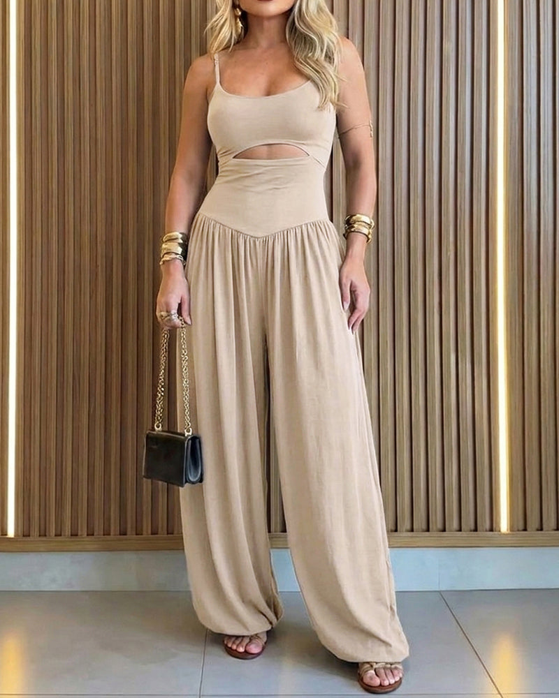 ChicMeLive Women's Cut-out Waist Cami Jumpsuit Backless Tie-Back Lantern Romper Ruched High Waist Summer Jumpsuit