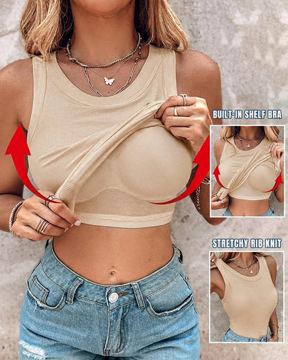 ChicMeLive Built-in Bra Ribbed Round Neck Tank Top