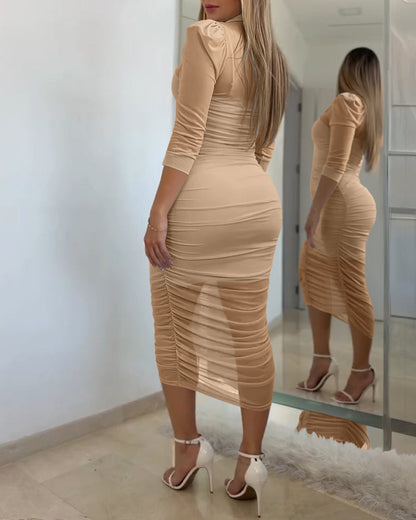 Women's 2 Piece Set Mesh Ruched Midi Dress Puff Sleeve Button Down Sheer Overlay Bodycon Dress with Camisole Slip Dress