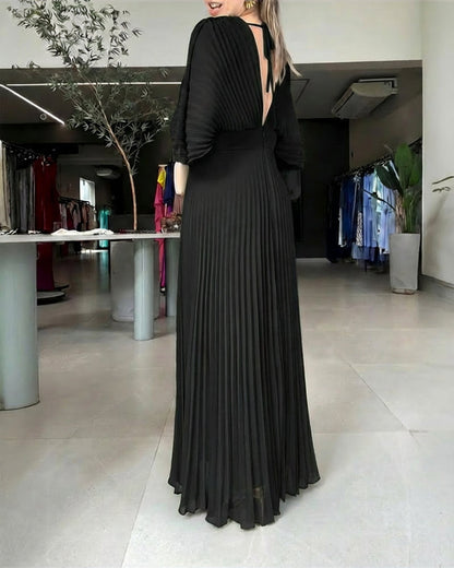 Deep V-Neck Batwing Sleeve High Waist Pleated Maxi Dress Casual Cinched Waist Backless Tied Detail Zipper Back Evening Dress
