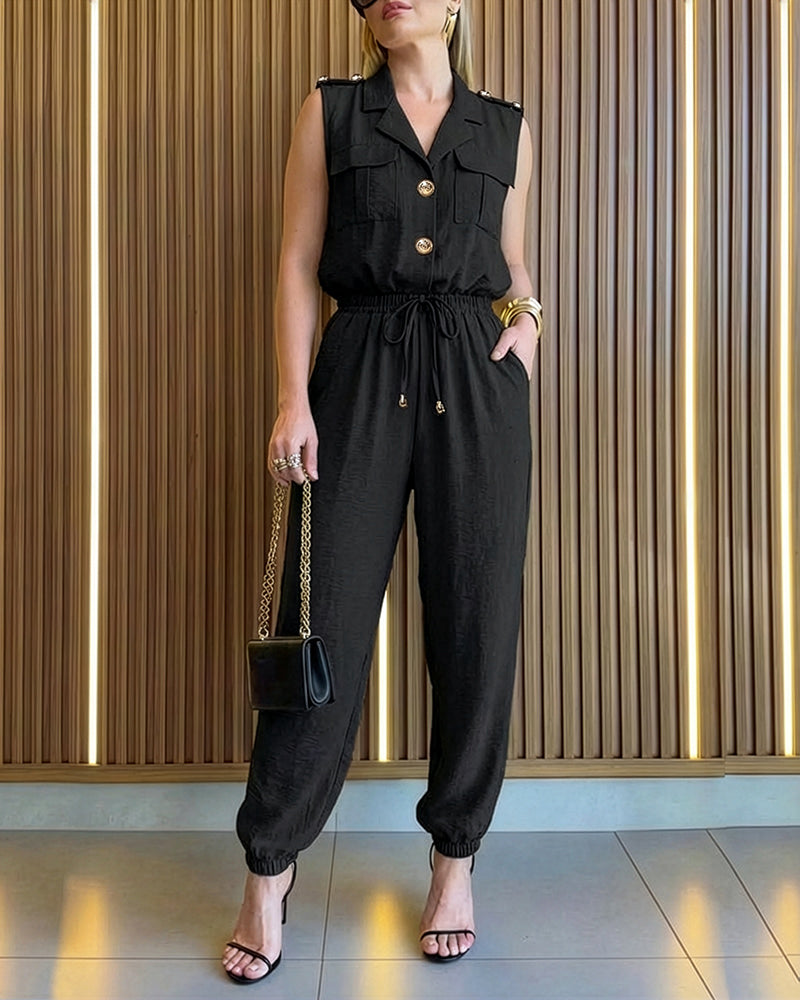 Notched Collar Sleeveless Button Front Stretchy Drawstring Waist Overalls Casual Flap Pockets Design Cuffed Jumpsuit