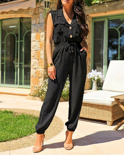 Notched Collar Sleeveless Button Front Stretchy Drawstring Waist Overalls Casual Flap Pockets Design Cuffed Jumpsuit