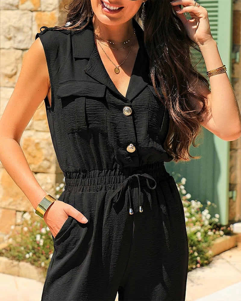 Notched Collar Sleeveless Button Front Stretchy Drawstring Waist Overalls Casual Flap Pockets Design Cuffed Jumpsuit