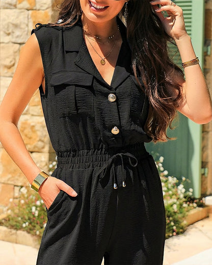 Notched Collar Sleeveless Button Front Stretchy Drawstring Waist Overalls Casual Flap Pockets Design Cuffed Jumpsuit