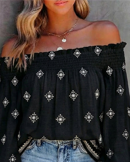 Vintage Tribal Placement Print Shirred Off Shoulder Flared Cuffs Blouse Casual Frill Trim Boho Top