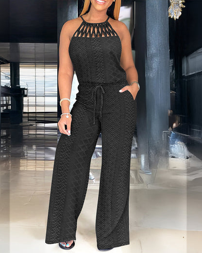 ChicMeLive Women's Halter Tie Knit Jacquard Jumpsuit Hollow-Out Criss-Cross Front Wide-Leg Romper with Adjustable Drawstring Waist