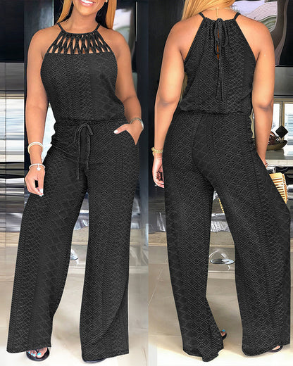 ChicMeLive Women's Halter Tie Knit Jacquard Jumpsuit Hollow-Out Criss-Cross Front Wide-Leg Romper with Adjustable Drawstring Waist