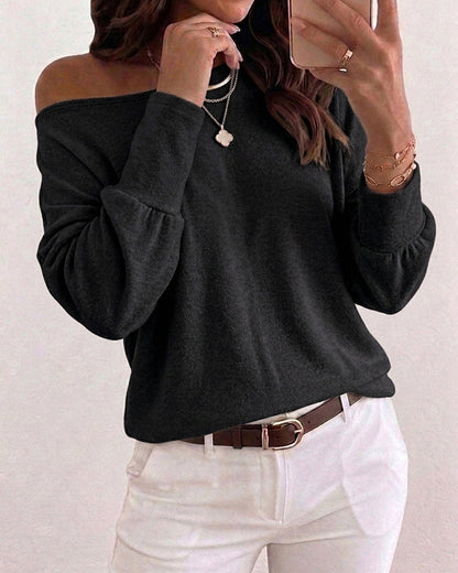 Women's Convertible Shoulder Batwing Sleeve Top Long Sleeve Loose Fit Casual Knit Tee