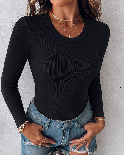 Women's Crewneck Long Sleeve Ribbed Knit Top Slim Fit Base Layer Shirt Soft Stretchy Casual Tee with Built-in Bra