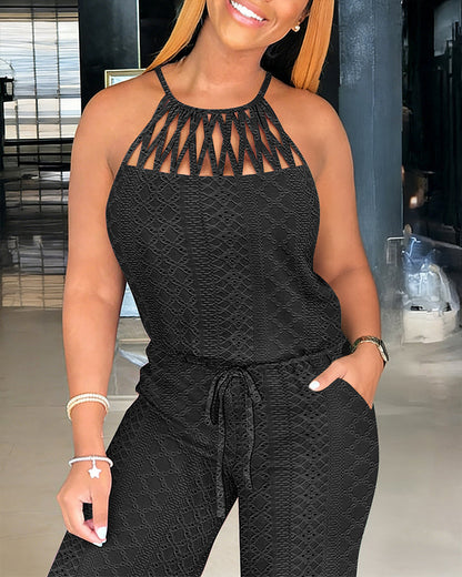 ChicMeLive Women's Halter Tie Knit Jacquard Jumpsuit Hollow-Out Criss-Cross Front Wide-Leg Romper with Adjustable Drawstring Waist