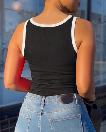Women's Contrast Binding Camisole Rib-Knit Slim Fit Tank Top Sexy Cami with Metal Buckle Straps