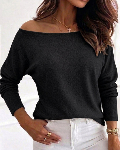 Women's Convertible Shoulder Batwing Sleeve Top Long Sleeve Loose Fit Casual Knit Tee