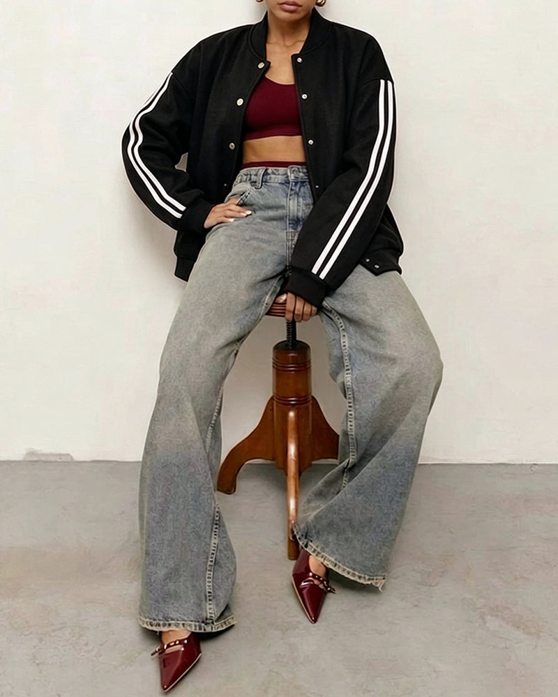 Women's Varsity Jacket Contrast Side Striped Loose Baseball Jacket Button Up Bomber Jacket
