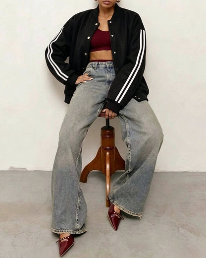 Women's Varsity Jacket Contrast Side Striped Loose Baseball Jacket Button Up Bomber Jacket