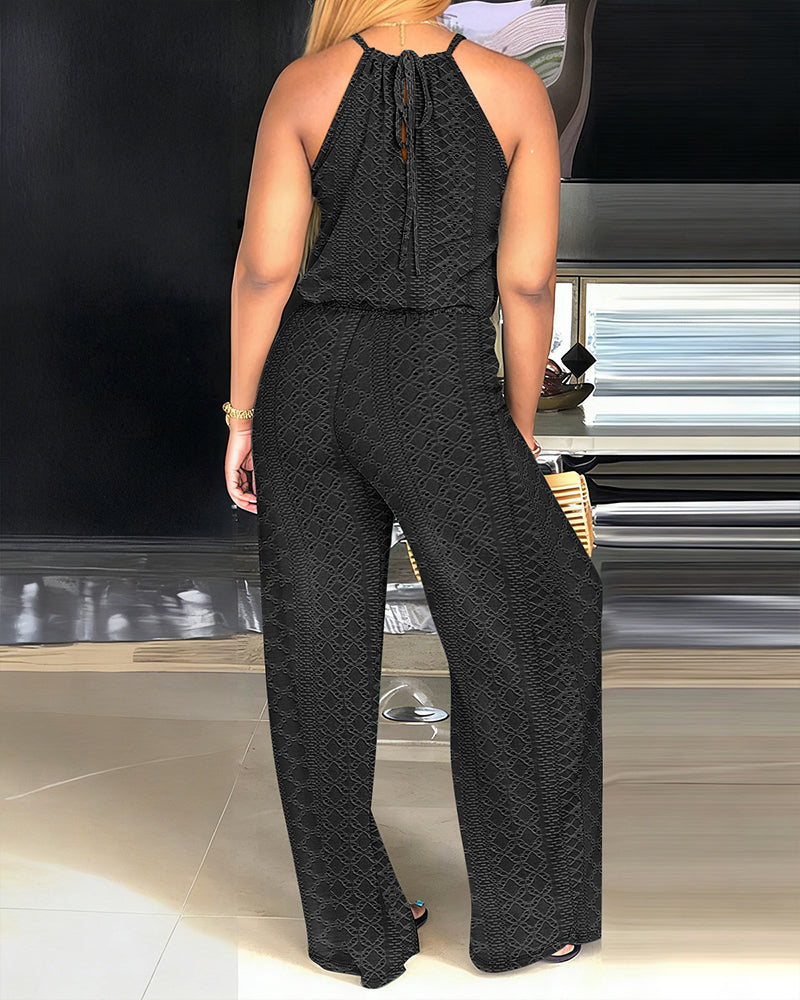 ChicMeLive Women's Halter Tie Knit Jacquard Jumpsuit Hollow-Out Criss-Cross Front Wide-Leg Romper with Adjustable Drawstring Waist