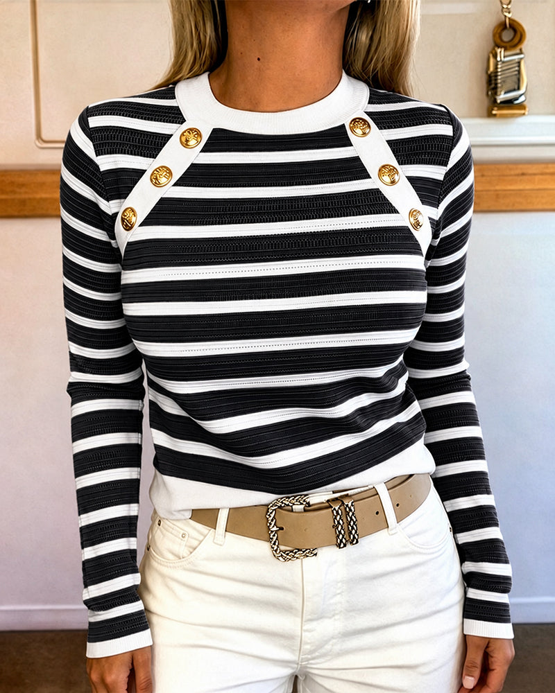 Women's Striped Knit Top Gold Button Long Sleeve Pullover Crewneck Slim Fit Knitwear Contrast Binding Sweater