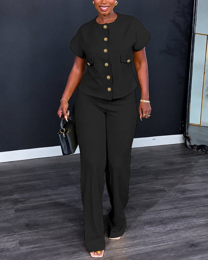 Women's 2 Piece Outfits Short Sleeve Button Down Top and Straight Leg Pants Set Casual Commuter Suits