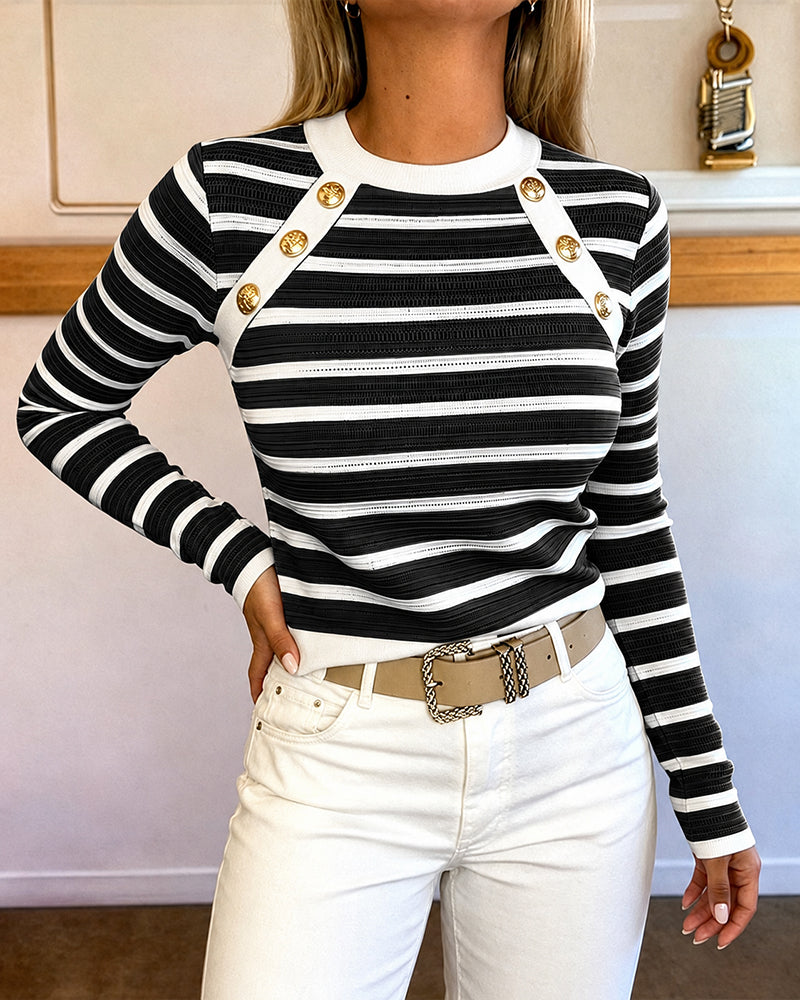 Women's Striped Knit Top Gold Button Long Sleeve Pullover Crewneck Slim Fit Knitwear Contrast Binding Sweater