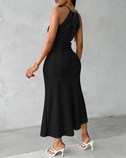 Adjustable Halter Hollow-out Back Ruched Front Slit Dress Guipure Lace Yoke Eyelet Embroidery Vacation Dress