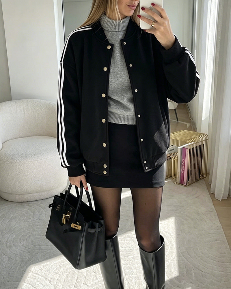 Women's Varsity Jacket Contrast Side Striped Loose Baseball Jacket Button Up Bomber Jacket