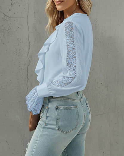 V-Neck Eyelash Lace Patch Ruffles Button Down Blouse Top
