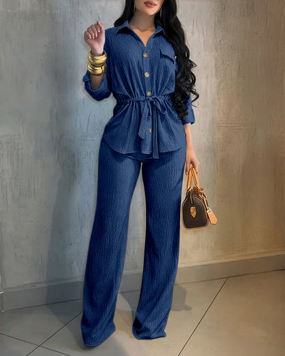 2 Pieces Outfit Vintage Turn-down Collar Roll Up Sleeve Button Front Flap Pocket Design Waist Drawstring Top and Elastic Waist Wide Leg Pants Set Casual Textured Commuting Set