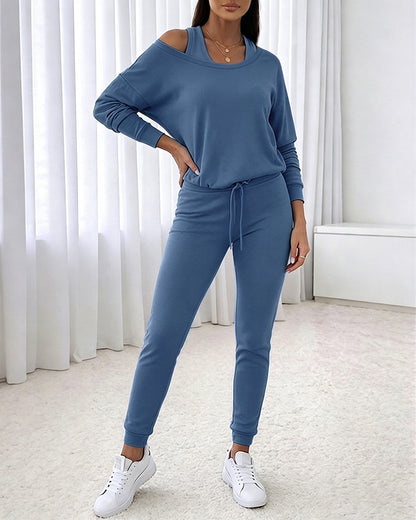 Women's 3 Piece Tracksuit Set Cold Shoulder Sweatshirt and Tank Top and High Waisted Jogger Pants Casual Lounge Workout Outfit