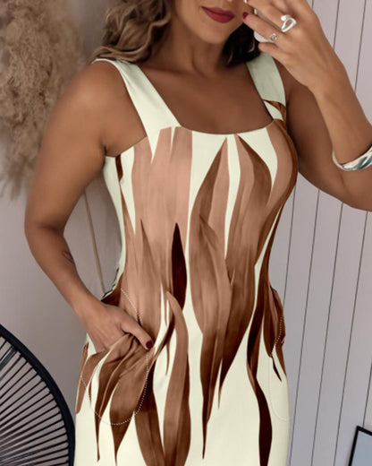 Plants Print Square Neck Thick Strap Maxi Dress Casual Slim Fit Side Slit Vacation Dress with Pockets