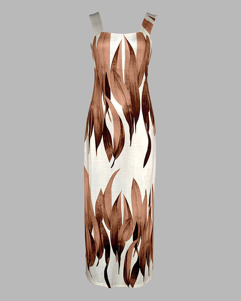 Plants Print Square Neck Thick Strap Maxi Dress Casual Slim Fit Side Slit Vacation Dress with Pockets