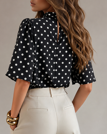 Women's Mock Neck Chiffon Blouse Polka Dot Ruched Elegant Flared Sleeve Top Casual Office Commute Shirt
