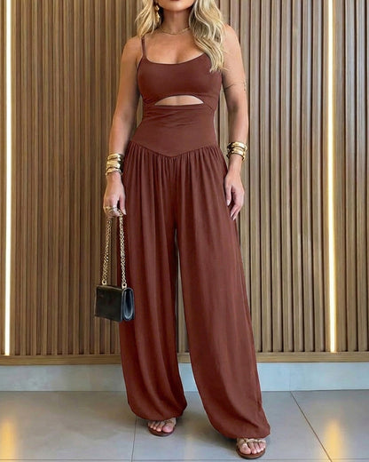 ChicMeLive Women's Cut-out Waist Cami Jumpsuit Backless Tie-Back Lantern Romper Ruched High Waist Summer Jumpsuit