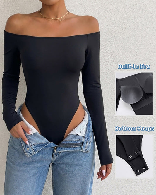 Women's Off Shoulder Bodysuit Minimalist Long Sleeve Sexy Slim Fit Bodysuit with Built-In Bra