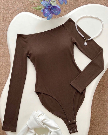 Women's Off Shoulder Bodysuit Minimalist Long Sleeve Sexy Slim Fit Bodysuit with Built-In Bra