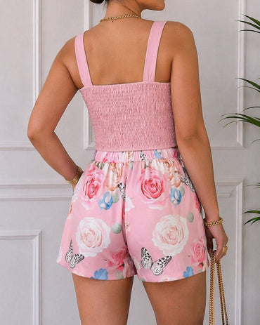 Women's 2-Piece Set 3D Floral Rhinestone Crop Cami Top and Floral Butterfly Print High Waisted Shorts with Pockets