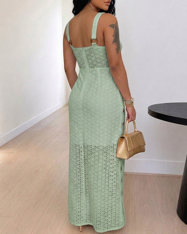 Women's Eyelet Embroidery Maxi Dress Backless Side Slit Slip Dress Tie Waist Bohemian Long Dress