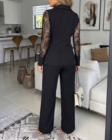 Women's 2 Piece Blazer Suit Set Elegant Lace Patchwork Long Sleeve Coat and High Waisted Straight Leg Pants