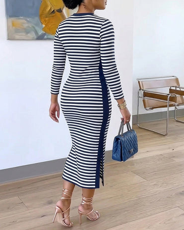 Women's Casual Striped Midi Dress Long Sleeve Crewneck Contrast Side Panel Side Slit T-Shirt Knit Dress with Pockets