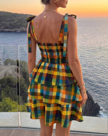 Women's Colorblock Plaid Mini Dress Elegant Tie Strap Ruffle Tiered Vacation Dress Shirred Backless A Line Sundress