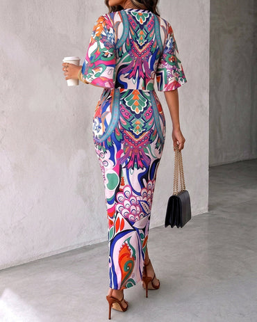 Women's Sexy Deep V Neck Abstract Print Maxi Dress Drawstring Ruched Front Slit Half Sleeve Bodycon Dress