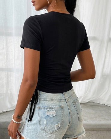 Women's Heart Cutout Rhinestone T-Shirt Short Sleeve Side Drawstring Ruched Top Slim Fit Sparkly Party Tee