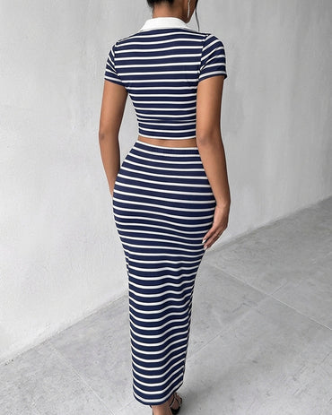 Women's Striped 2 Piece Knit Outfits Crop Polo Top and High Waisted Maxi Skirt Set Casual Matching Set