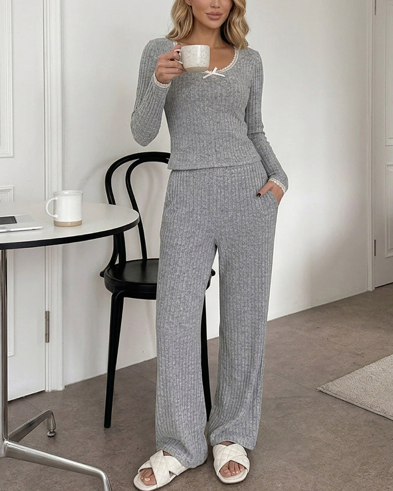 Women's 2 Piece Ribbed Lounge Sets Lace Trim Long Sleeve Top and High Waisted Pants Pajamas Sets with Pockets