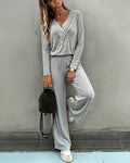 Women's 2 Piece Lounge Set V-Neck Criss-Cross Pleated Long Sleeve Top and High Waisted Straight Leg Pants with Pockets