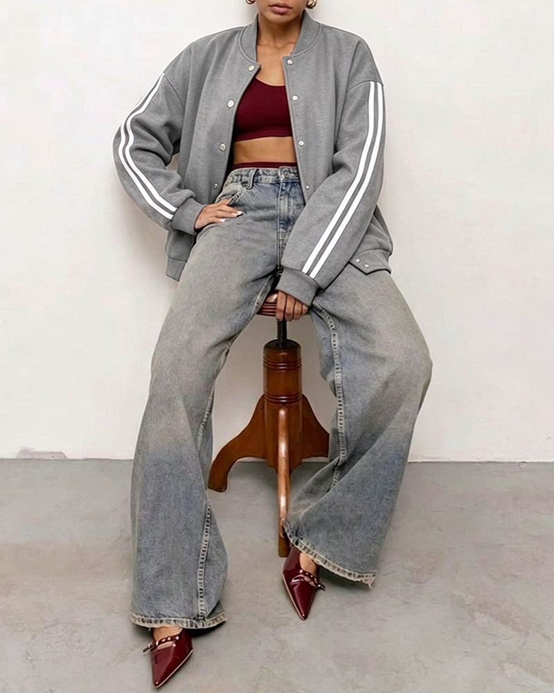 Women's Varsity Jacket Contrast Side Striped Loose Baseball Jacket Button Up Bomber Jacket