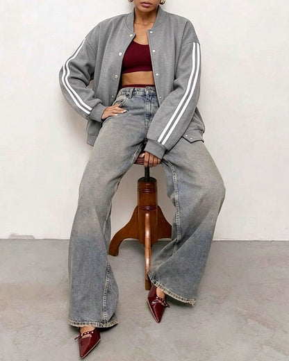 Women's Varsity Jacket Contrast Side Striped Loose Baseball Jacket Button Up Bomber Jacket