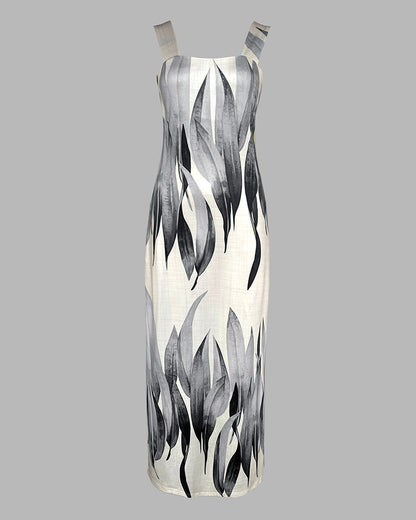 Plants Print Square Neck Thick Strap Maxi Dress Casual Slim Fit Side Slit Vacation Dress with Pockets