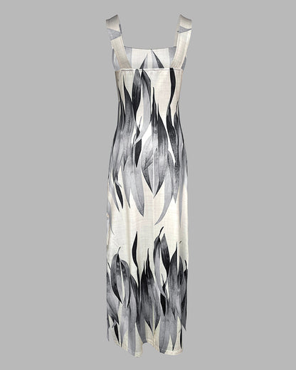 Plants Print Square Neck Thick Strap Maxi Dress Casual Slim Fit Side Slit Vacation Dress with Pockets