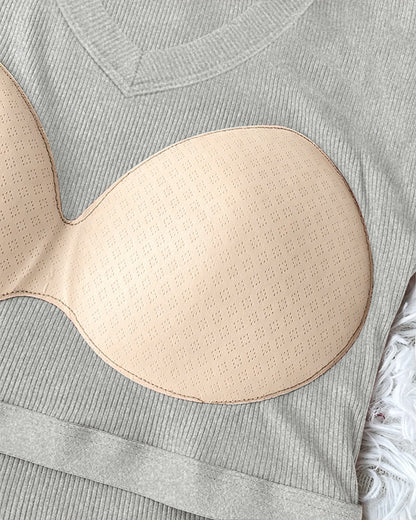 Women's V Neck Long Sleeve Ribbed Knit Top Slim Fit Base Layer Shirt Soft Stretchy Casual Tee with Built-in Bra